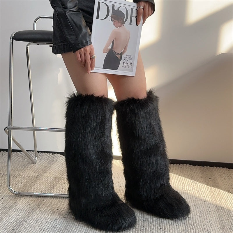 Luxury Faux Fur Knee-High Boots – Women’s Fluffy Winter Warm Statement Boots