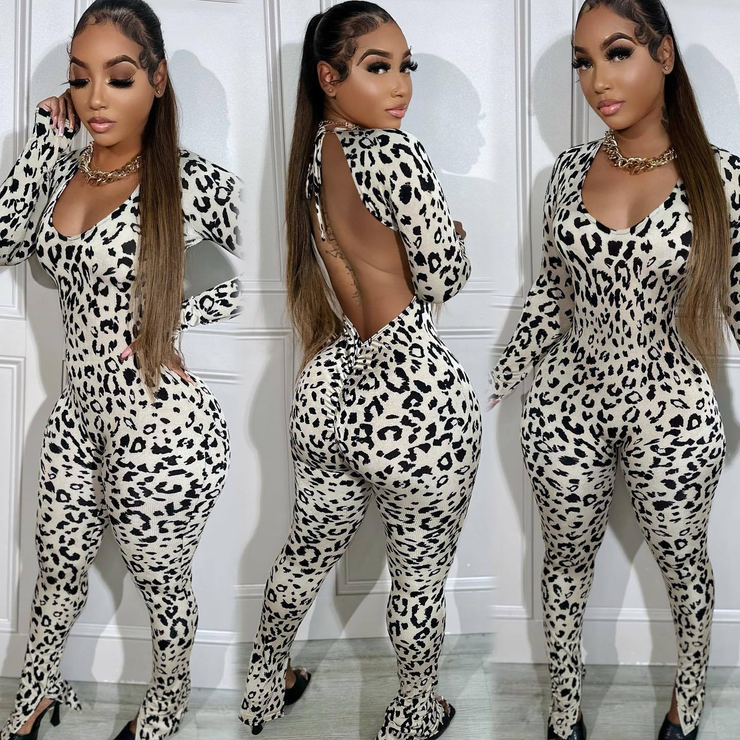 Women’s Leopard Print Backless Jumpsuit – Long Sleeve Skinny Fit | Streetwear Style