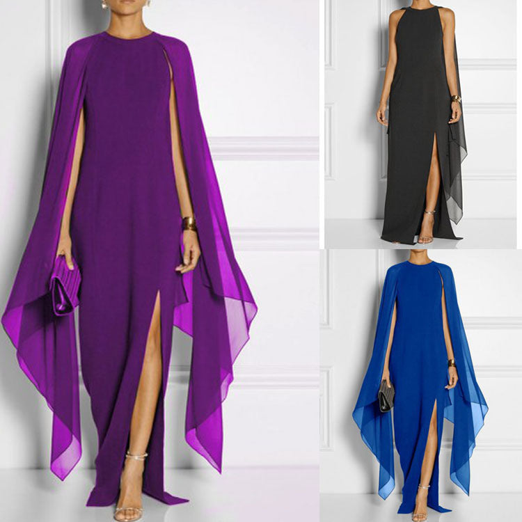 ✨ Elegant Chiffon Cape Evening Dress – Sleeveless & Flowing ✨