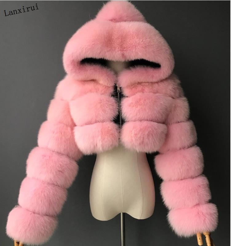 Luxury Faux Fur Short Hooded Coat – Women’s Cropped Plush Winter Jacket