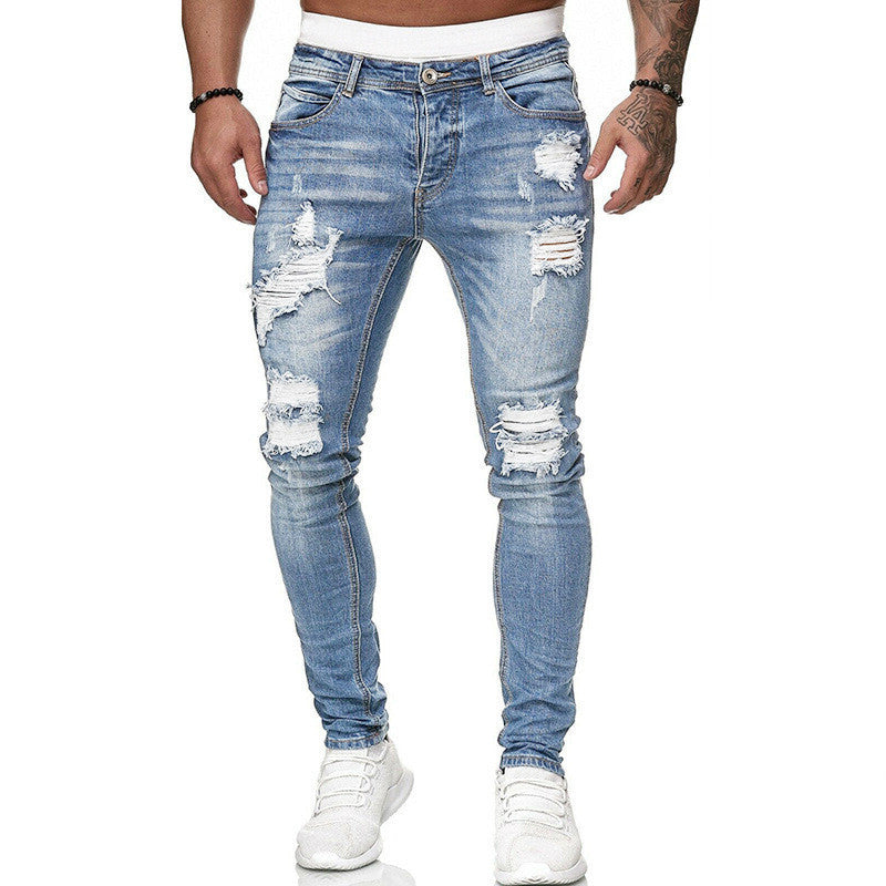 Men’s Ripped Skinny Fit Street Jeans – Distressed Wash Stretch Denim