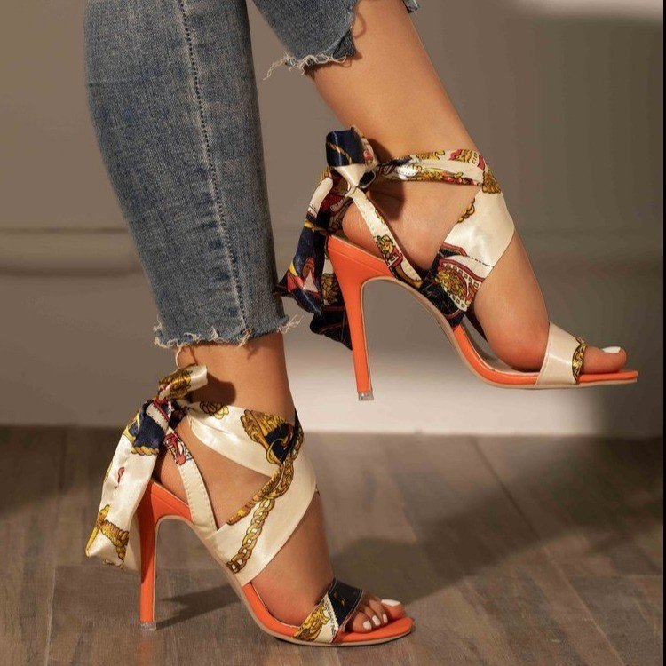 Printed Lace-Up High Heel Sandals – Colorful Roman Style Stilettos