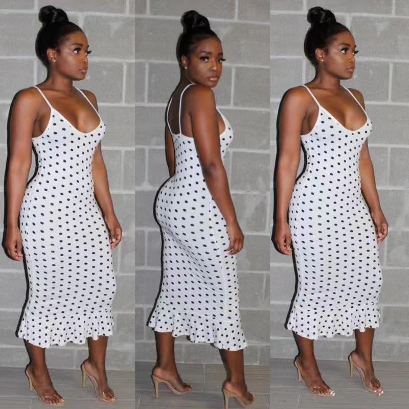 Dot Allure Ruffle Midi Dress – Polka Perfect Curve-Hugging Chic