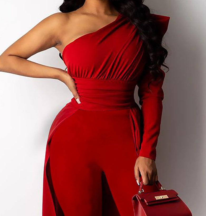 Red One-Shoulder Puff Sleeve Jumpsuit – Skinny Fit Mop-Length Style