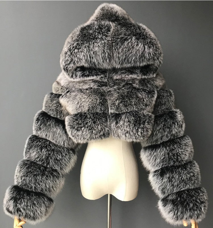 Luxury Faux Fur Short Hooded Coat – Women’s Cropped Plush Winter Jacket