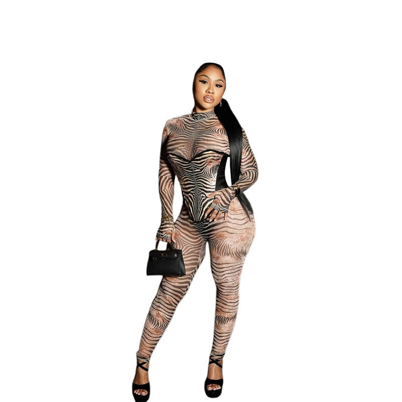 Zebra Print Mesh Jumpsuit – High Waist Long Sleeve Street Style One-Piece