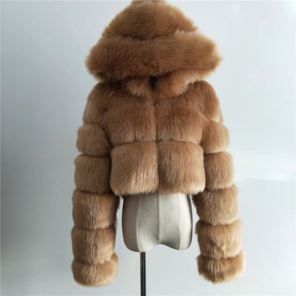 Luxury Faux Fur Short Hooded Coat – Women’s Cropped Plush Winter Jacket