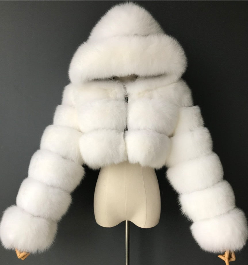Luxury Faux Fur Short Hooded Coat – Women’s Cropped Plush Winter Jacket