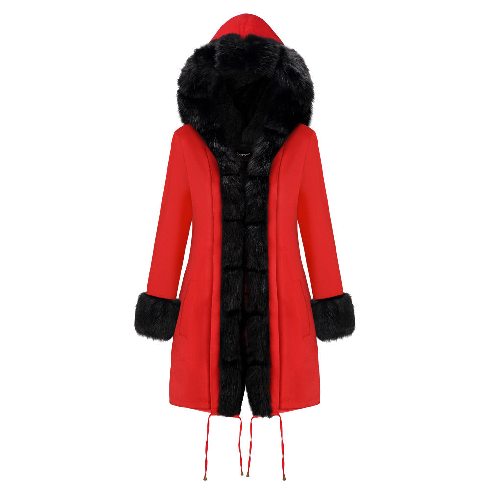 Women’s Hooded Cotton Jacket with Fur Collar – Winter Warm Long Coat
