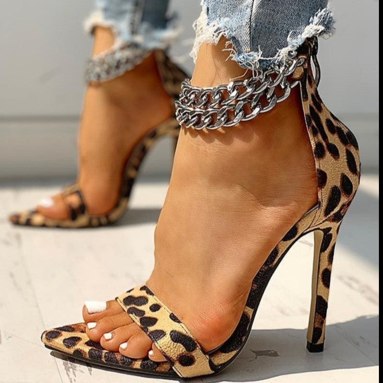 🔥 New Leopard Print Women’s High-Heeled Sandals – Sexy Chain Ankle Strap Stilettos