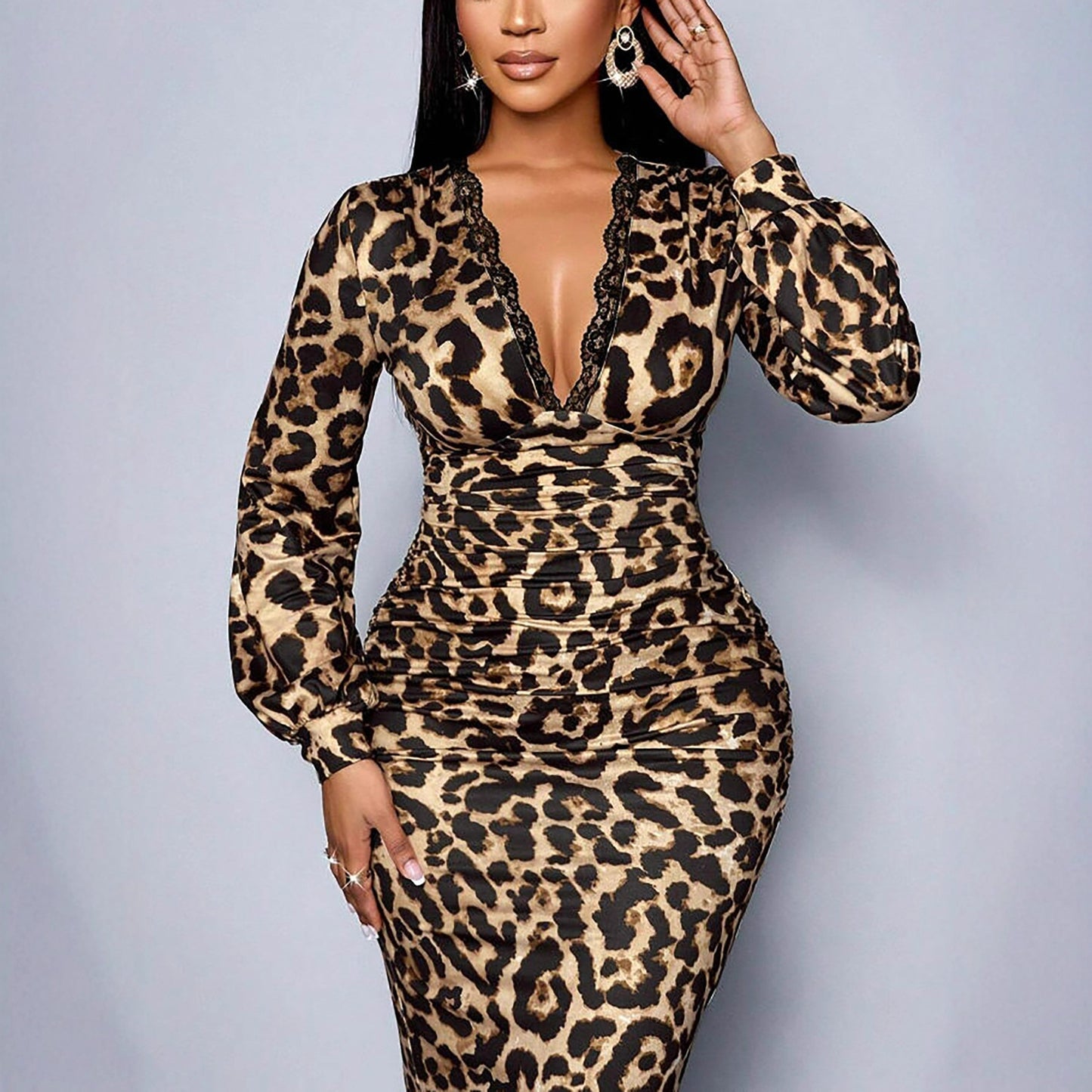 Women’s Leopard Print Lace V-Neck Bodycon Midi Dress – Long Sleeve