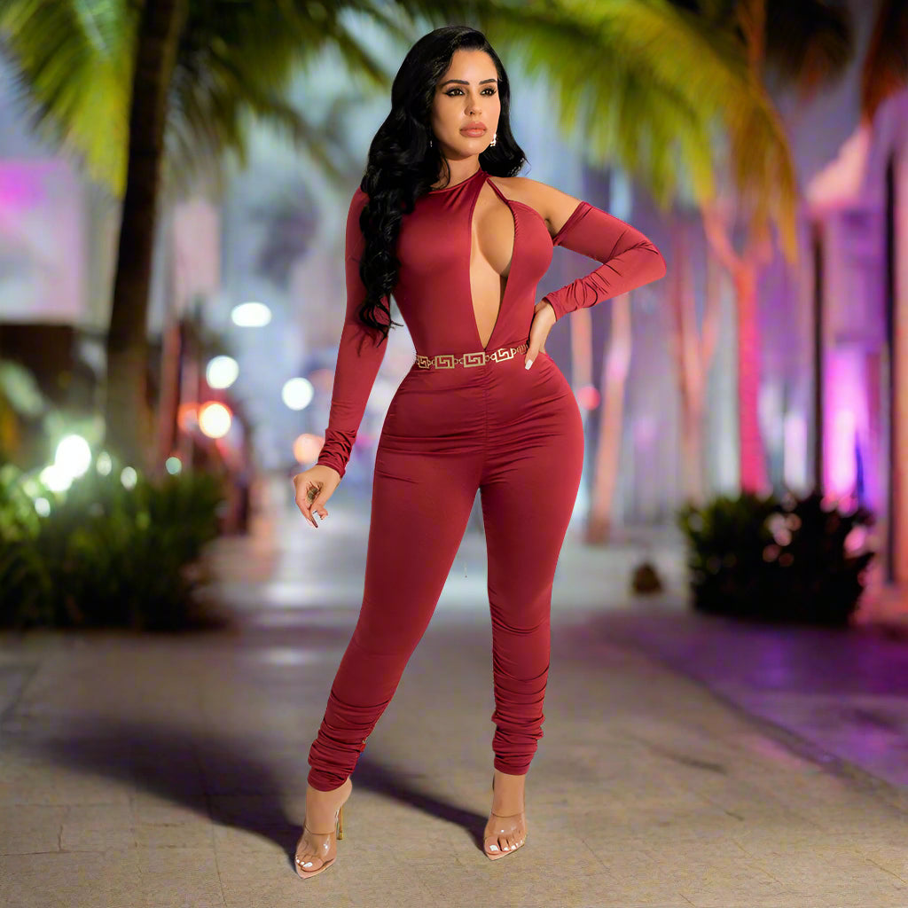 π₯ Fashion Solid Color Pleated Long-Sleeved Hollow Irregular Jumpsuit π₯