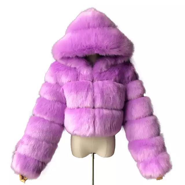 Luxury Faux Fur Short Hooded Coat – Women’s Cropped Plush Winter Jacket