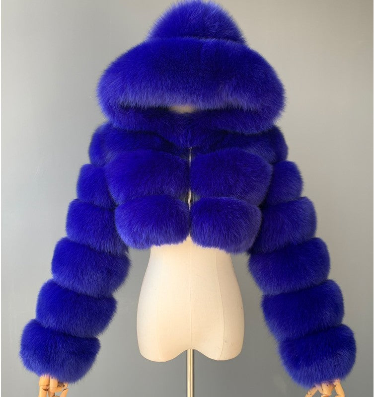 Luxury Faux Fur Short Hooded Coat – Women’s Cropped Plush Winter Jacket