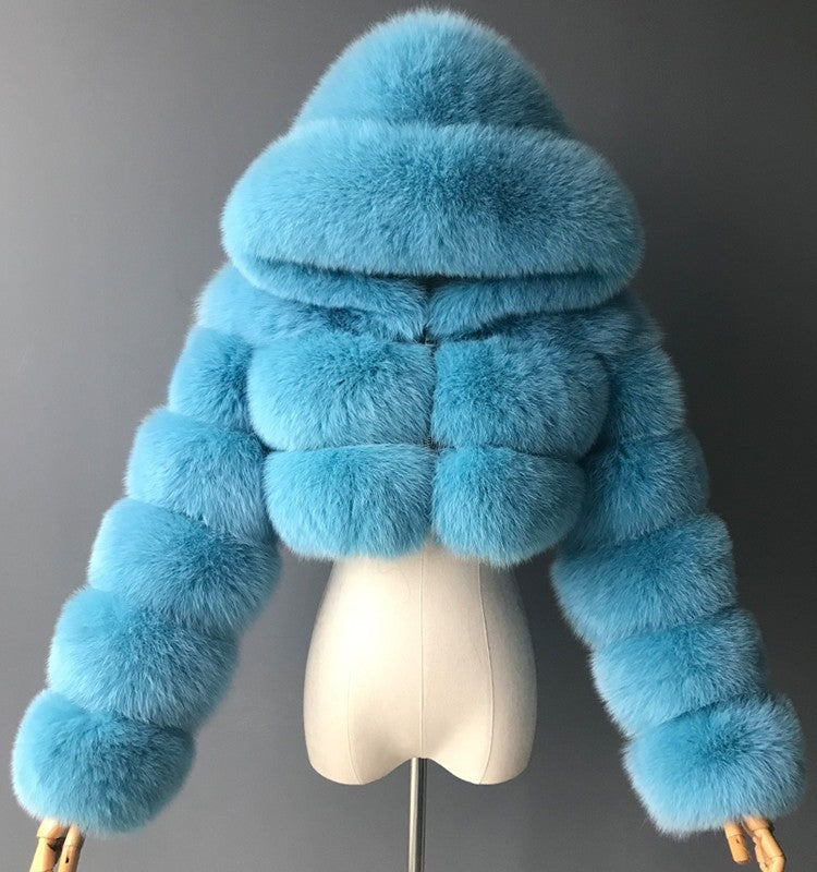 Luxury Faux Fur Short Hooded Coat – Women’s Cropped Plush Winter Jacket