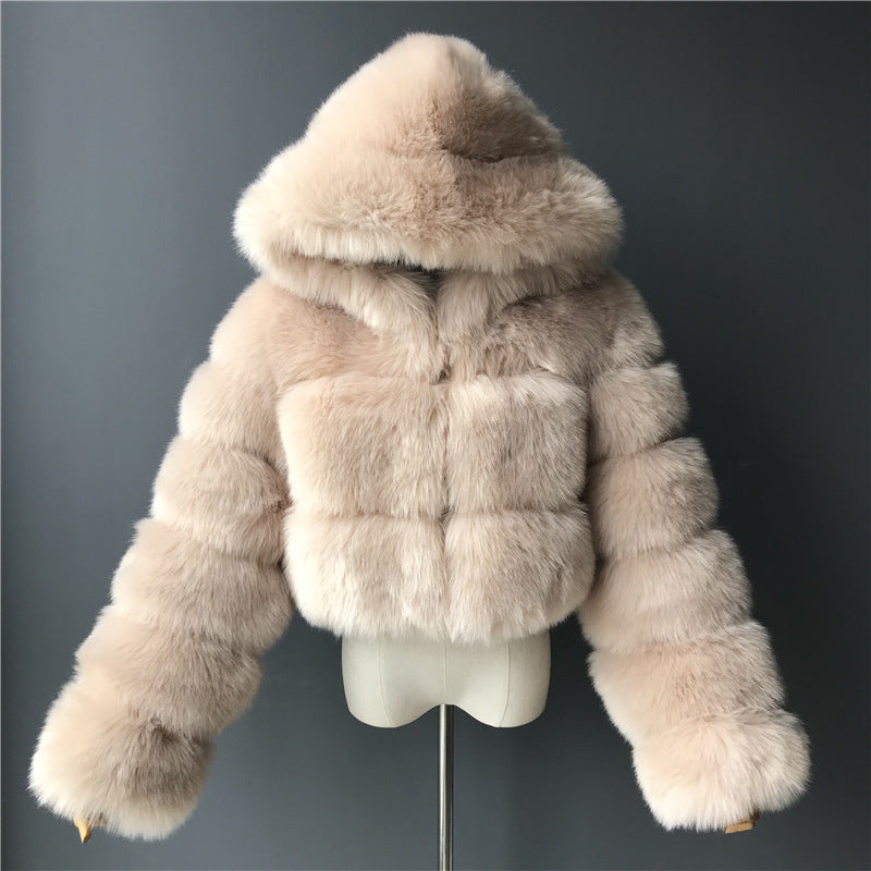Luxury Faux Fur Short Hooded Coat – Women’s Cropped Plush Winter Jacket