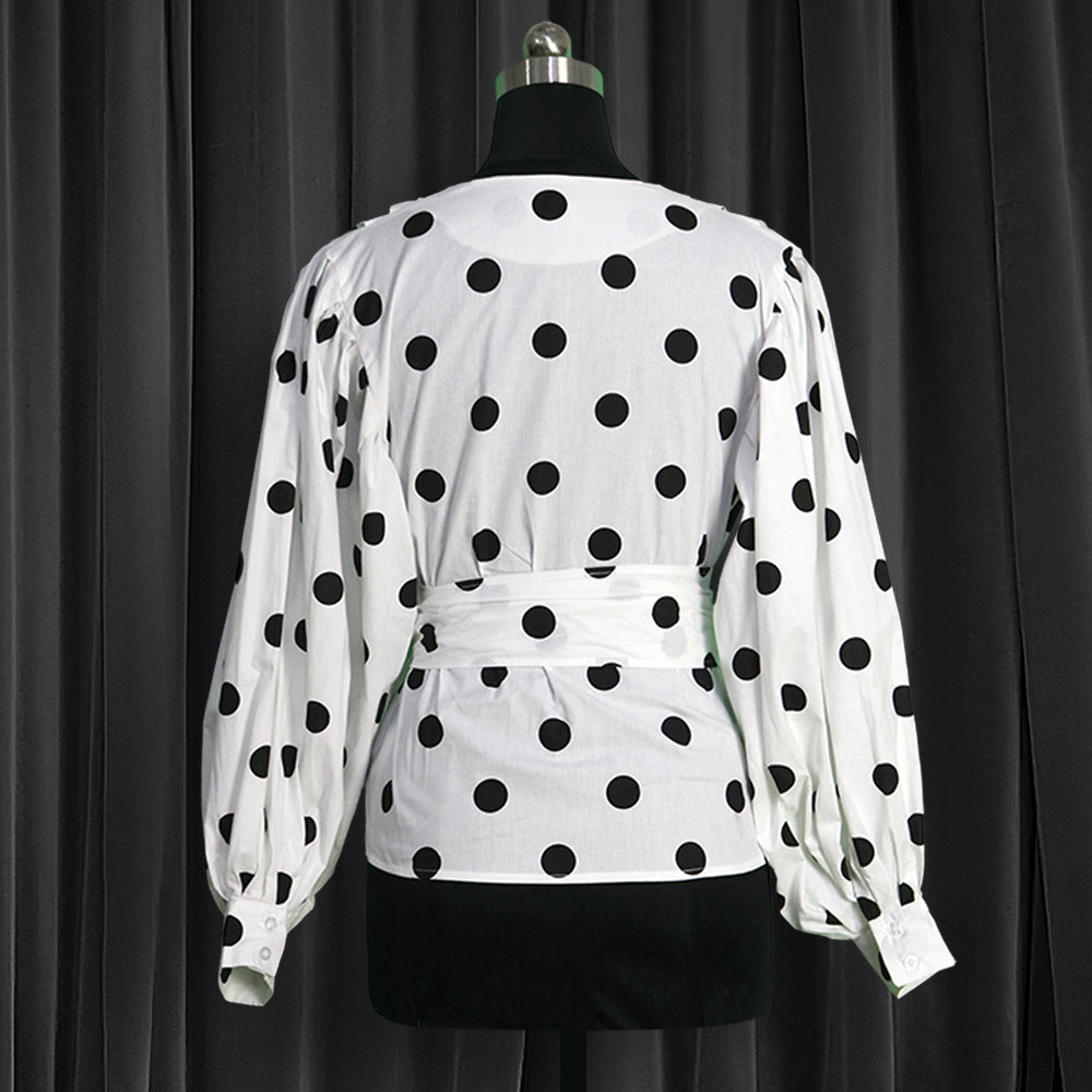 Polka Dot Wrap Blouse – Puff Sleeve Tie Waist Statement Top