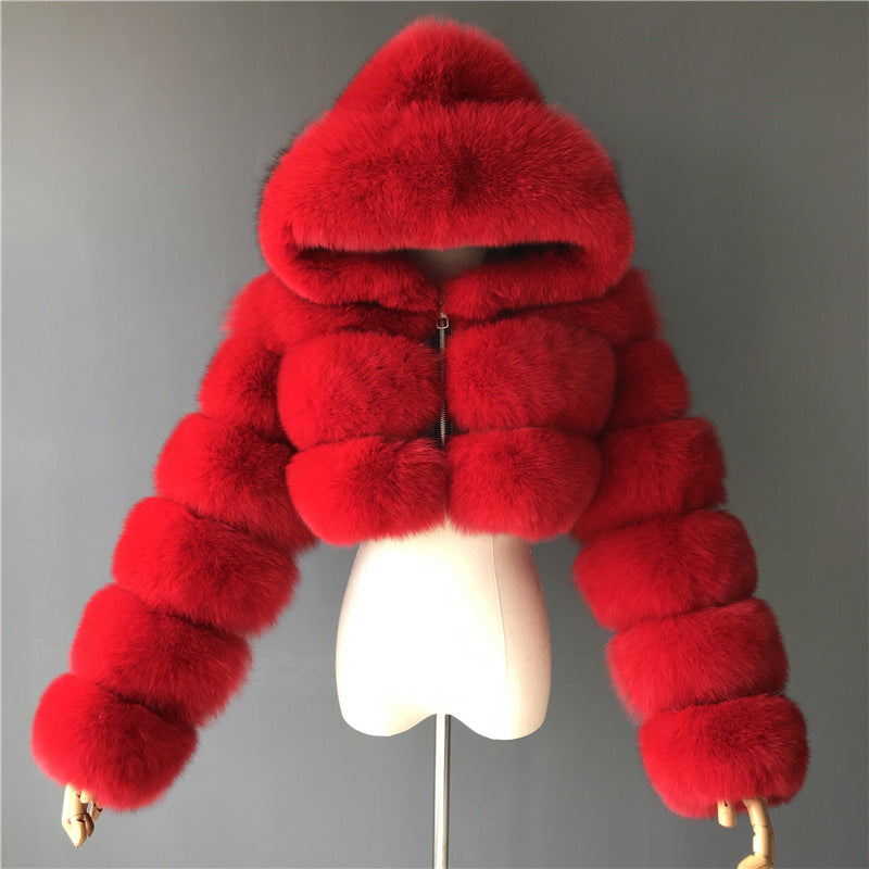 Luxury Faux Fur Short Hooded Coat – Women’s Cropped Plush Winter Jacket