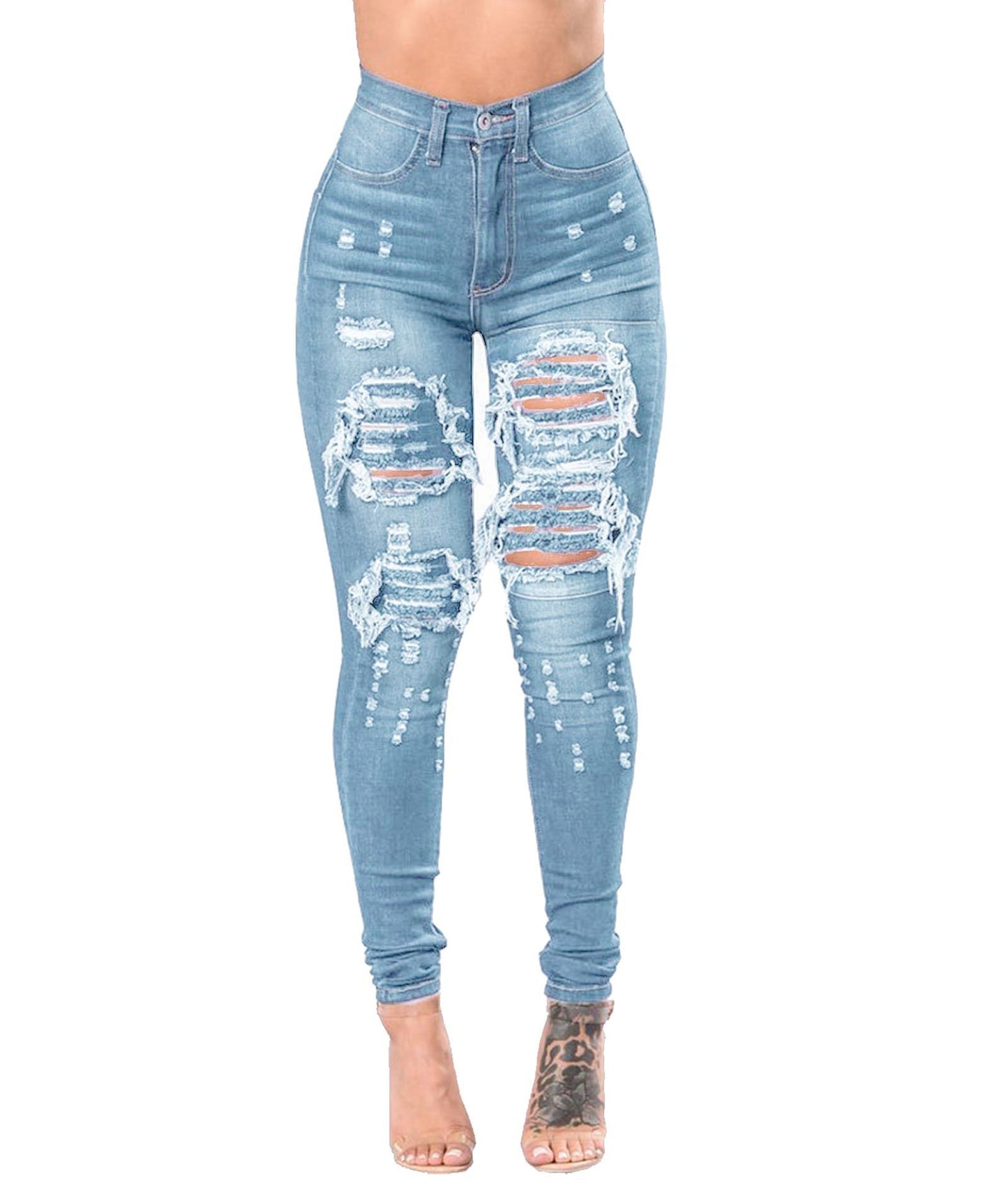 Women’s Ripped Washed Denim Skinny Jeans – Mid-Waist Stretch Fit in Black, Light Blue & Dark Blue