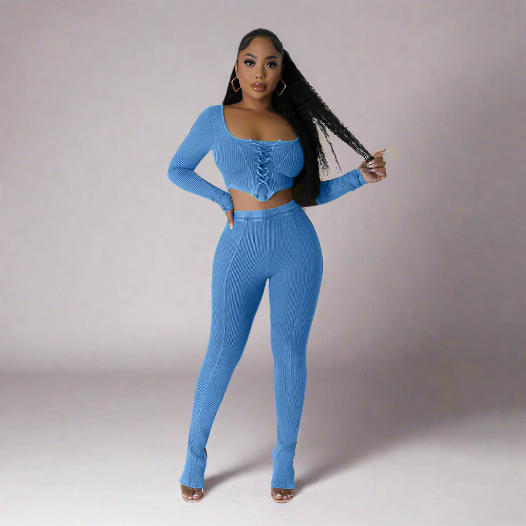 City Sleek Backless Two-Piece Set – Square Neck Top & Skinny Pencil Trousers