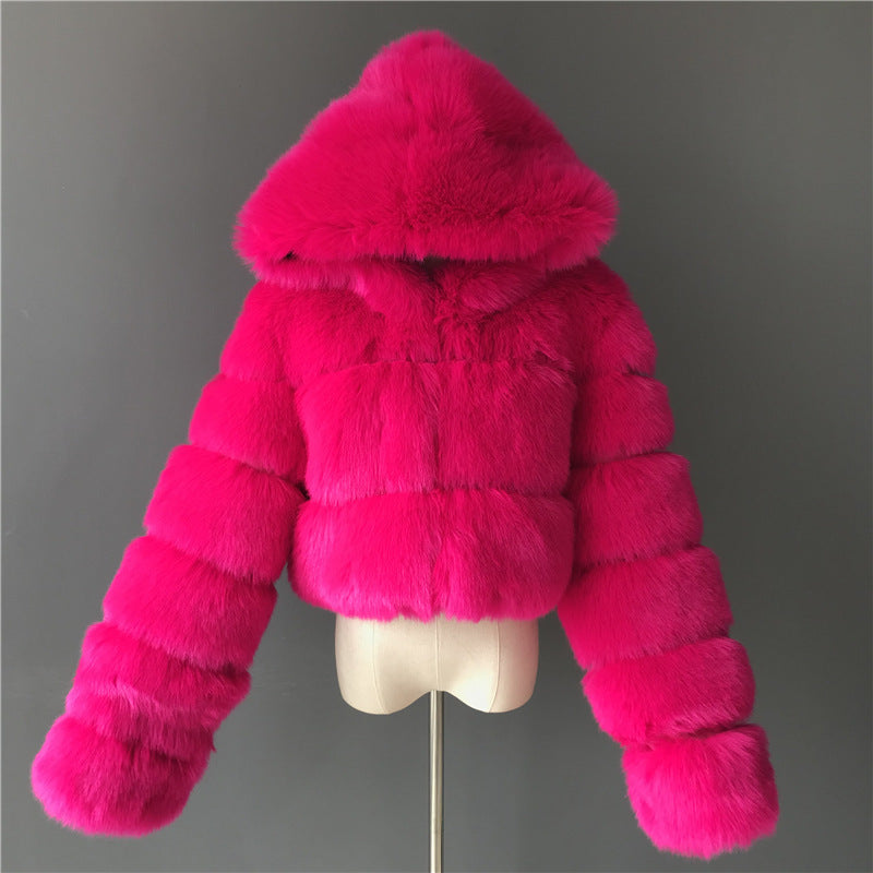 Luxury Faux Fur Short Hooded Coat – Women’s Cropped Plush Winter Jacket