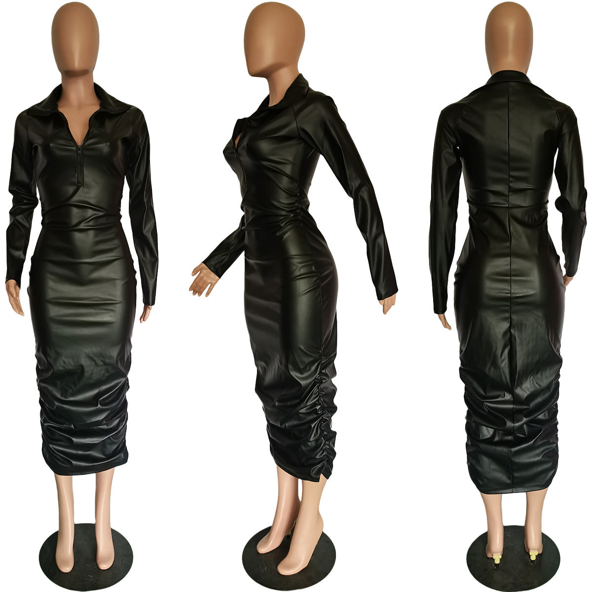 European & American Women’s Long Sleeve Pleated PU Leather Zipper Dress – Black