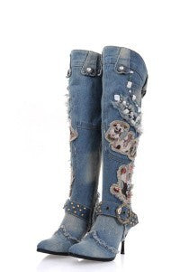 Women’s Distressed Denim Over-the-Knee Stiletto Boots with Belt Buckles & Beaded Accents