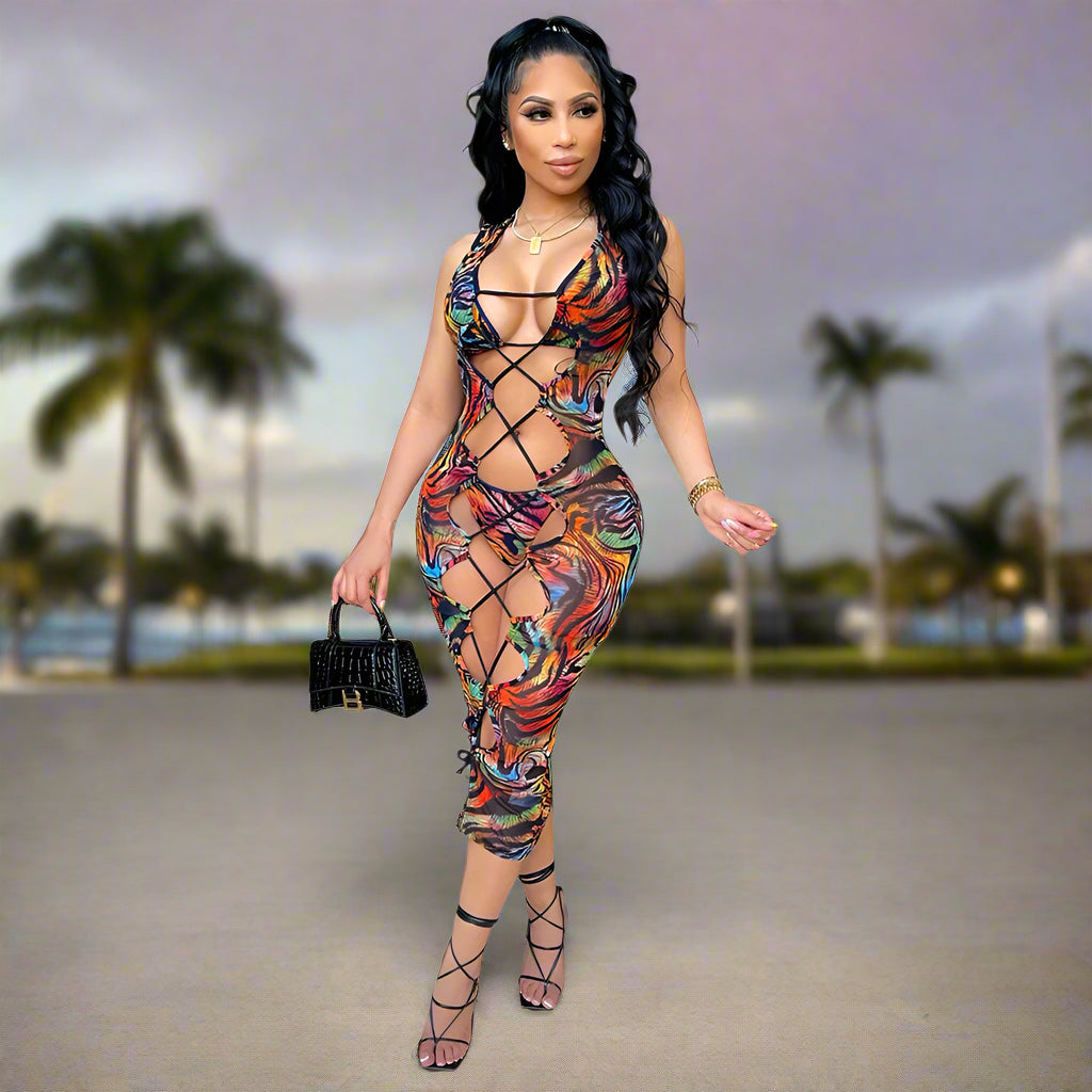 🔥 Women’s Sexy Mesh Cutout Bodycon Dress Set – Sheer Clubwear with Matching Bra & Panties
