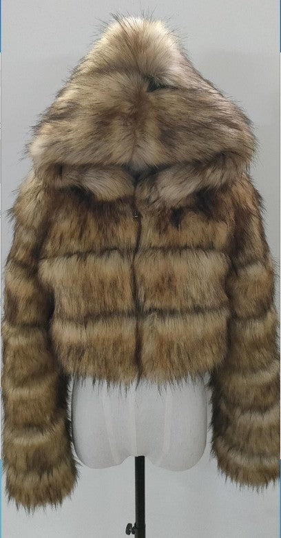 Luxury Faux Fur Short Hooded Coat – Women’s Cropped Plush Winter Jacket