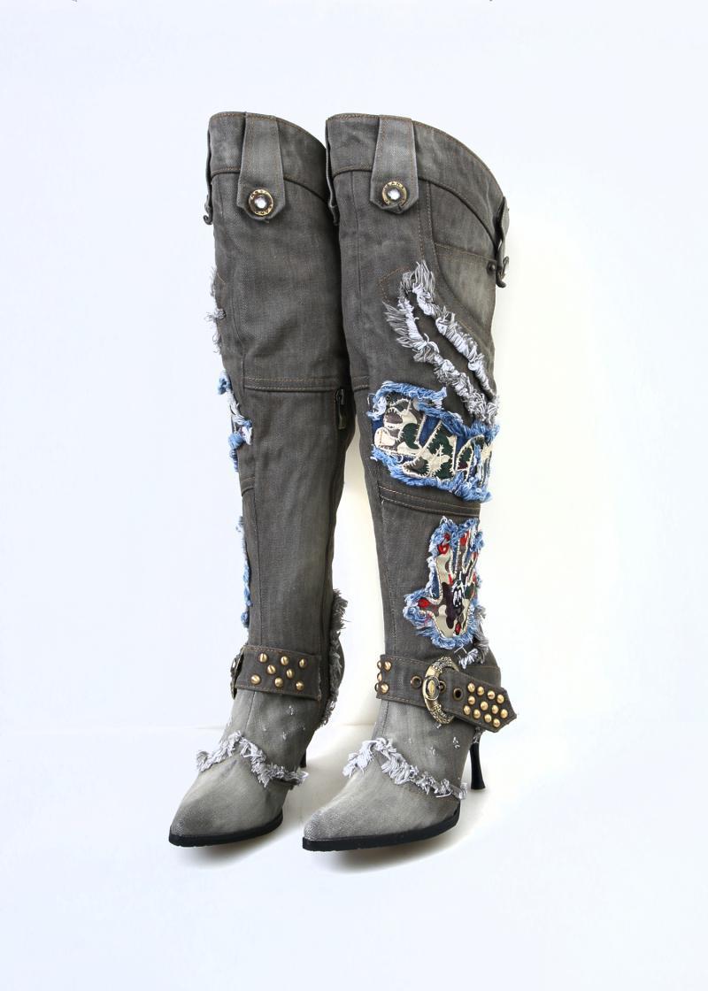 Women’s Distressed Denim Over-the-Knee Stiletto Boots with Belt Buckles & Beaded Accents