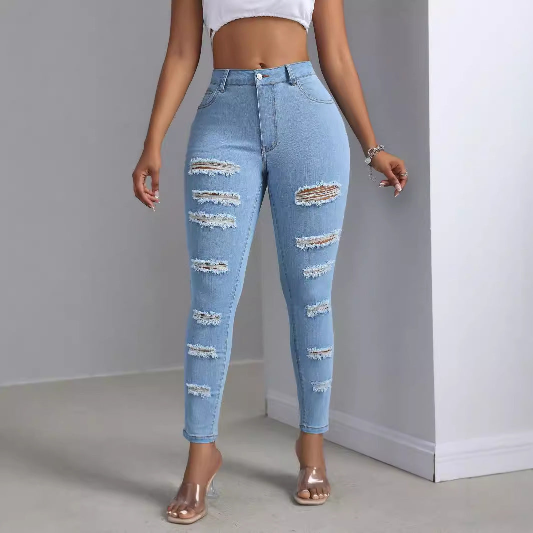 Women's Distressed Light Wash Skinny Jeans – Mid Waist Denim