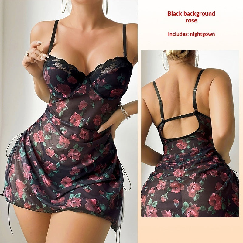 Rose Noir Mesh Lace Slip Dress – Adjustable Drawstring Sexy Nightdress