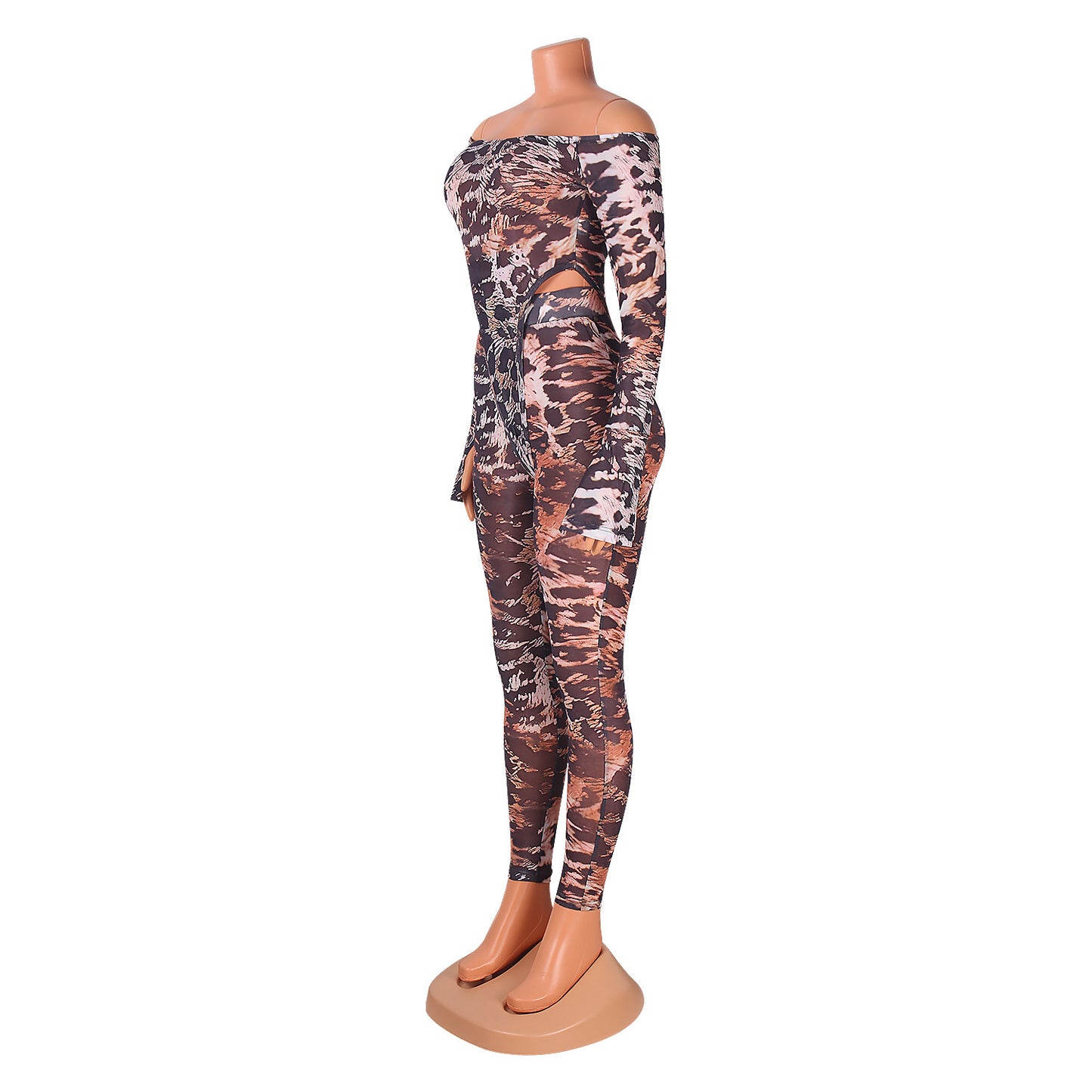 Sexy Leopard Print One-Shoulder Mesh Jumpsuit – High Waist Skinny Fit