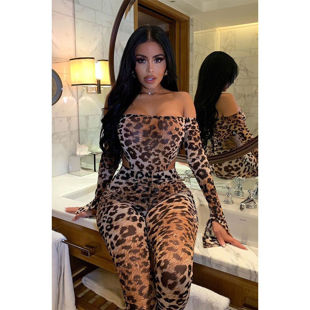 Sexy Leopard Print One-Shoulder Mesh Jumpsuit – High Waist Skinny Fit