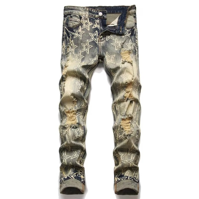 ⭐ Men’s Star Print Distressed Denim Jeans – Slim Fit Ripped Biker Style