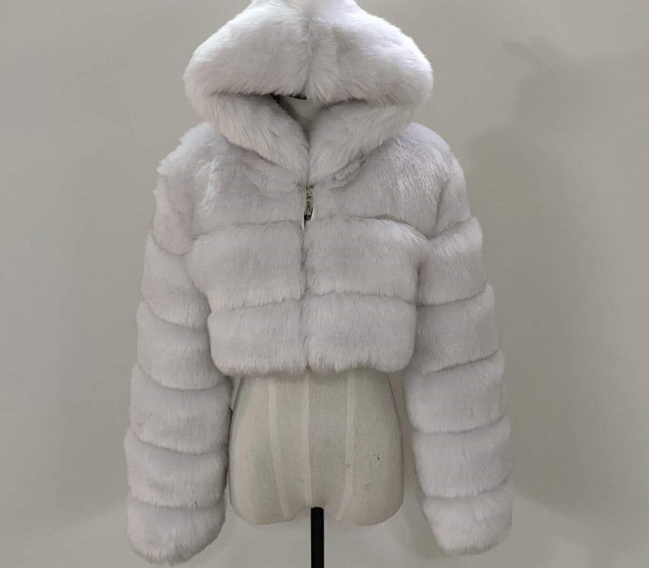 Luxury Faux Fur Short Hooded Coat – Women’s Cropped Plush Winter Jacket