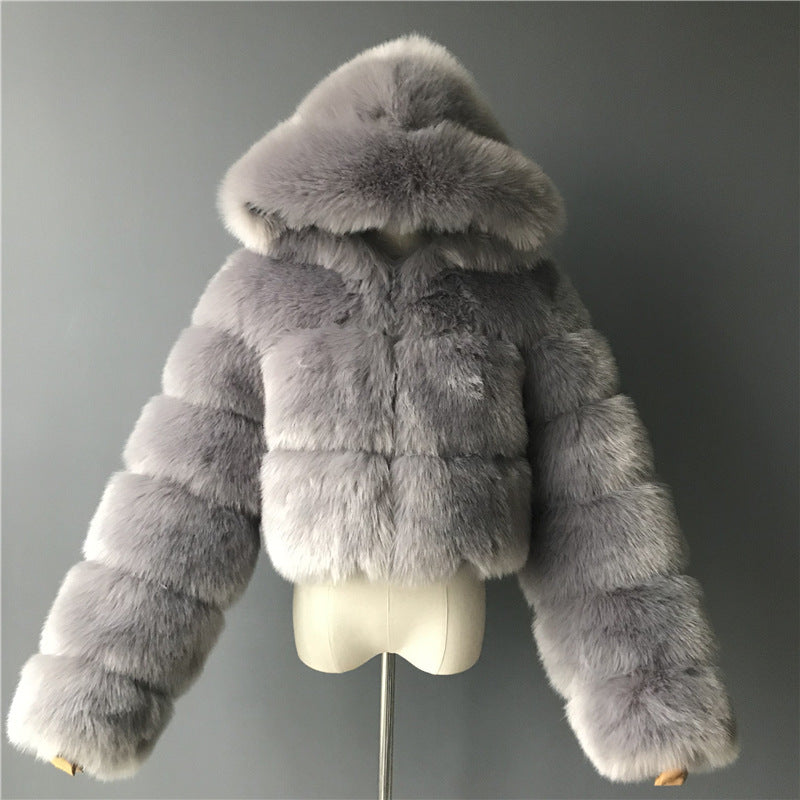 Luxury Faux Fur Short Hooded Coat – Women’s Cropped Plush Winter Jacket