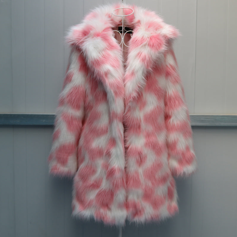 Women’s Luxe Faux Fur Statement Coat – Bold Teal & Pink Cloud Pattern