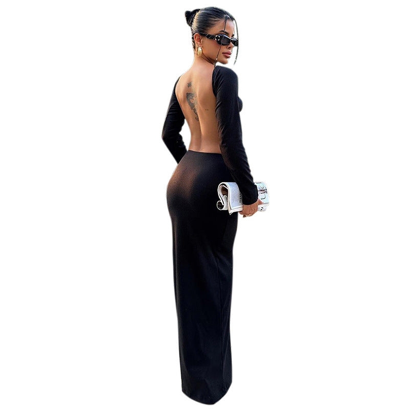 Elegant Backless Crop Top & Maxi Skirt Set – Women’s Long Sleeve Slim Fit 2-Piece Outfit