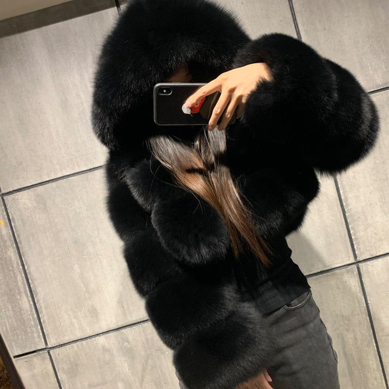 Luxury Faux Fur Short Hooded Coat – Women’s Cropped Plush Winter Jacket