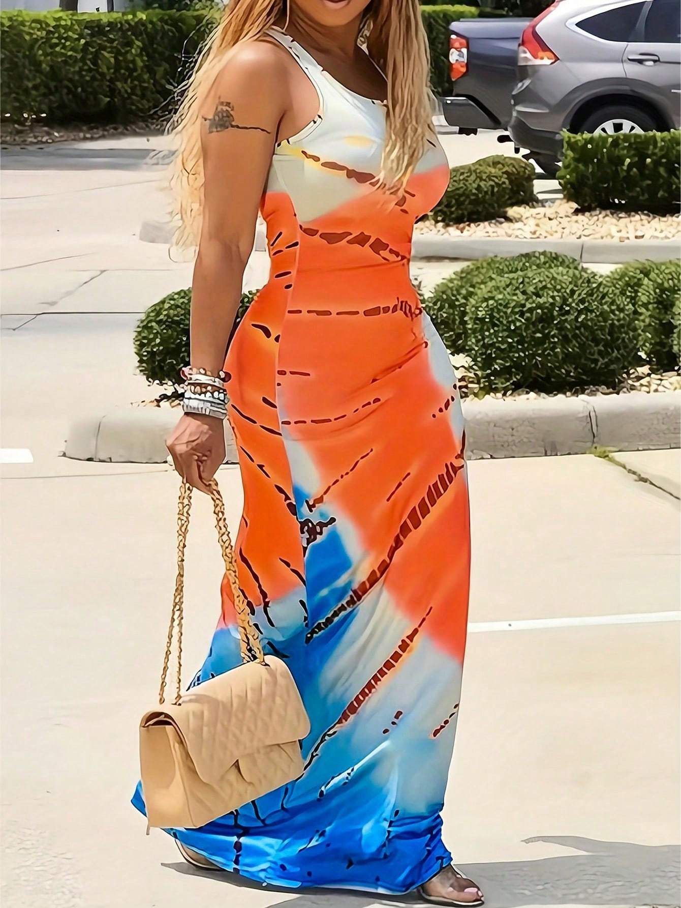👗 Colorblock Tie-Dye Maxi Dress – Sleeveless Backless Cami Style