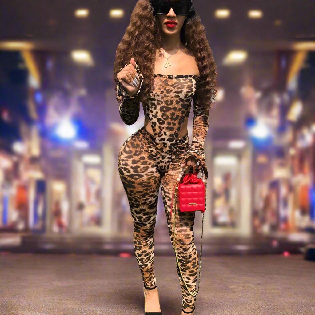 Sexy Leopard Print One-Shoulder Mesh Jumpsuit – High Waist Skinny Fit