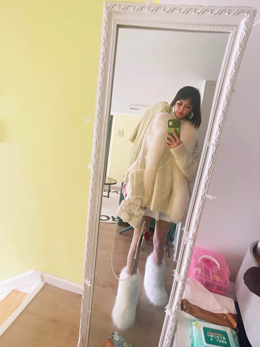 Luxury Faux Raccoon & Fox Fur Snow Boots – Women’s High-Top Winter Warm Flat Boots