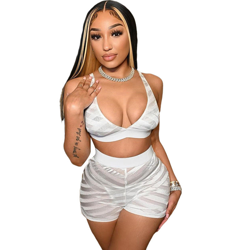Sheer Mesh Two-Piece Set – Hollow-Cut Corset Top & High Waist Shorts