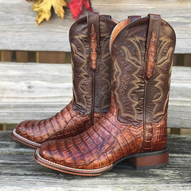 Exotic Retro Square Toe Mid-Calf Boots – Embroidered Casual Men’s Split Boots