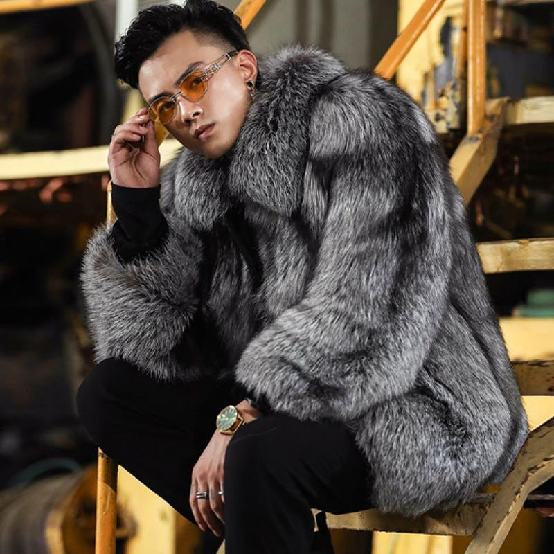 Luxury Silver Faux Fur Jacket for Men – Winter Warm Plush Outerwear