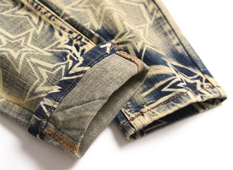 ⭐ Men’s Star Print Distressed Denim Jeans – Slim Fit Ripped Biker Style