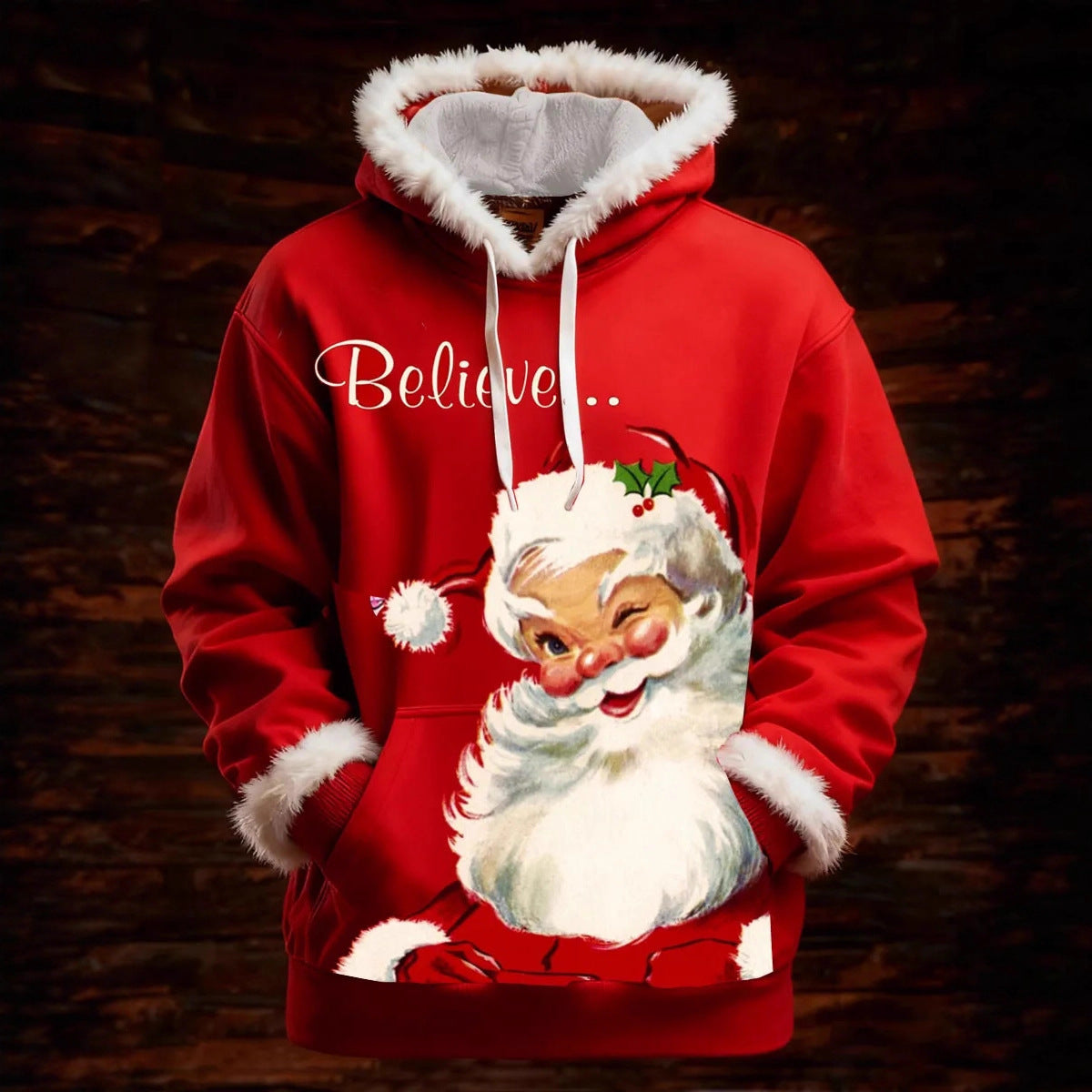 Women’s Christmas Santa Hoodie With Faux Fur Trim and Winter Print