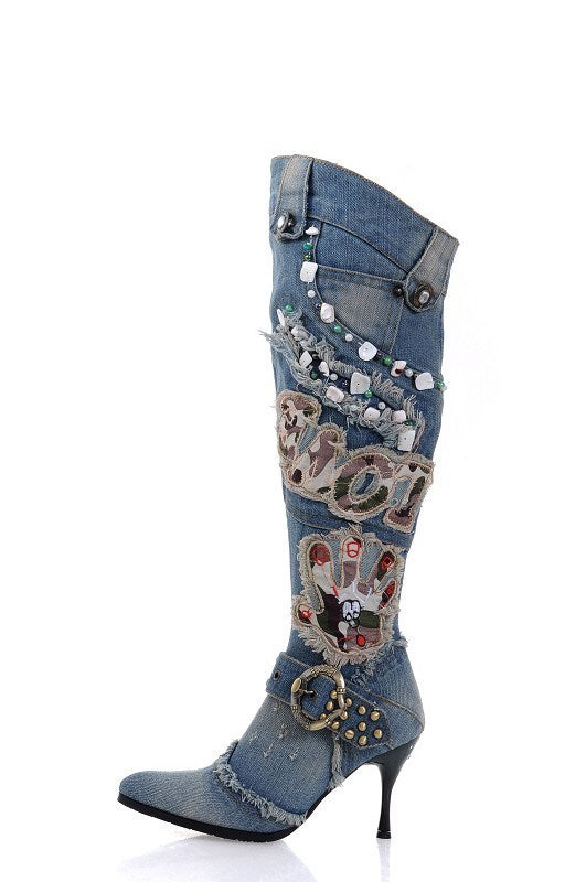 Women’s Distressed Denim Over-the-Knee Stiletto Boots with Belt Buckles & Beaded Accents