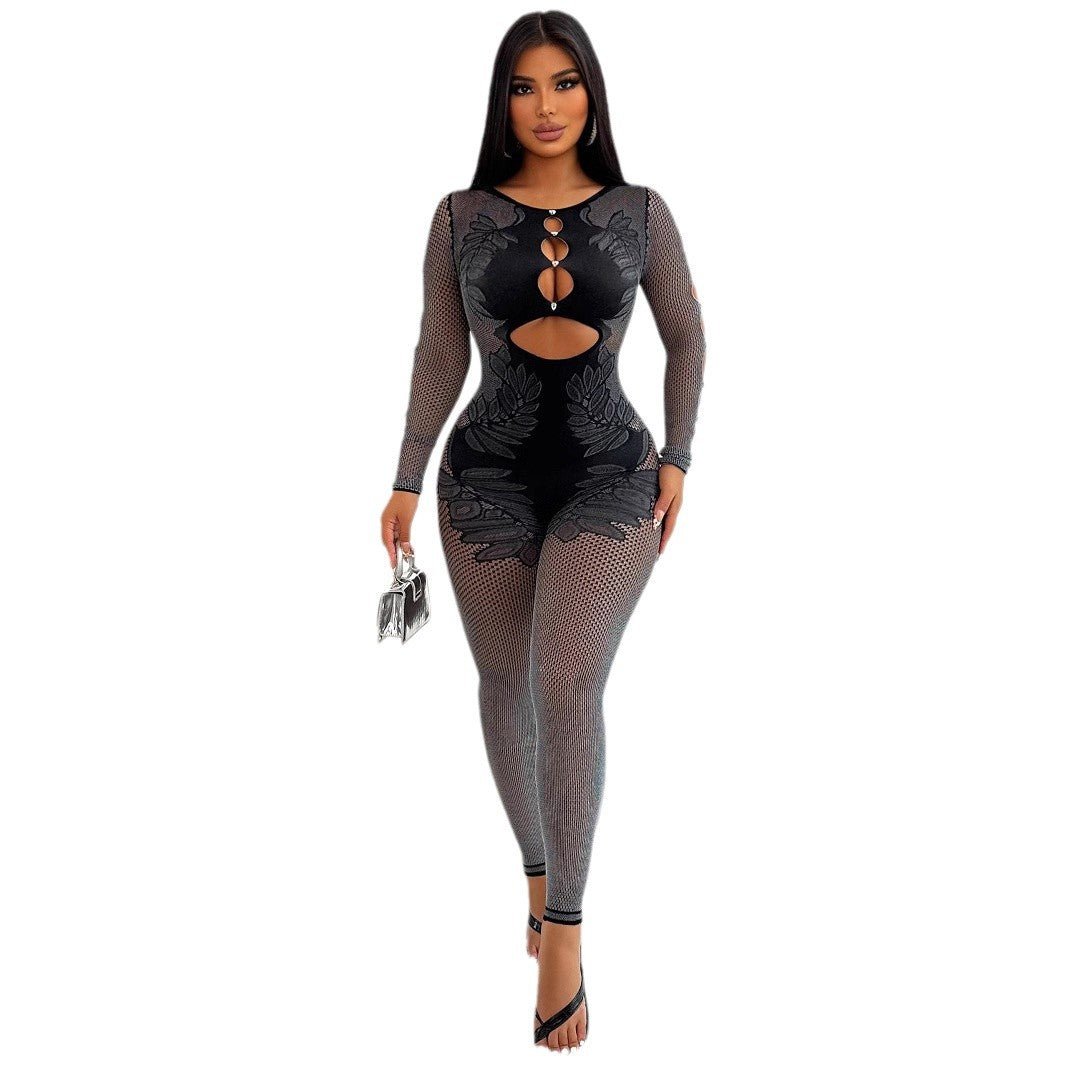 Sheer Knit Slim Jumpsuit β Long Sleeve Mid Waist Casual One-Piece Suit
